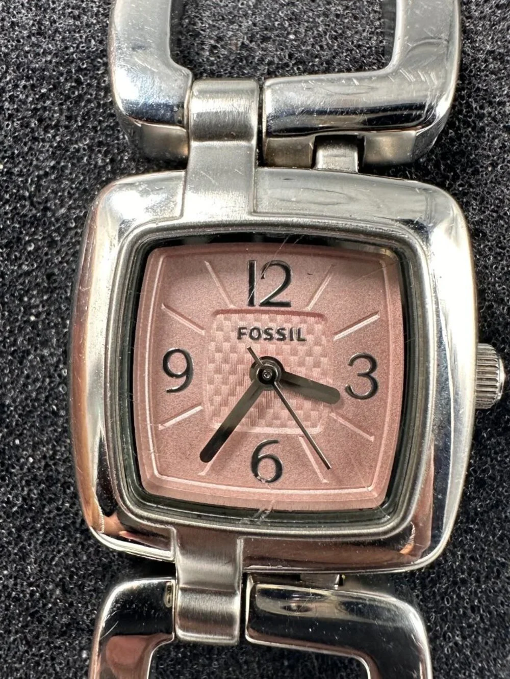 Fossil Watch Womens Pink Dial Stainless Steel Square 24MM New Battery 6.75
